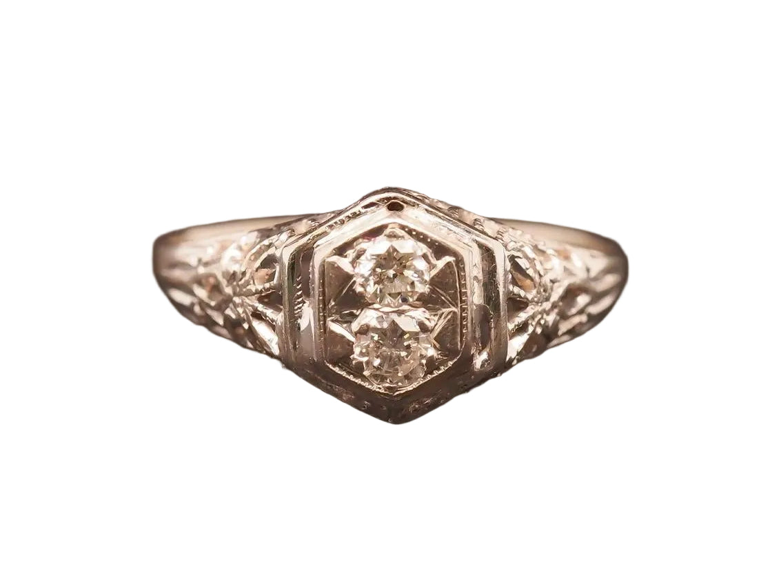 Estate Art Deco 12K White Gold Double Diamond Ring - VHK#1009