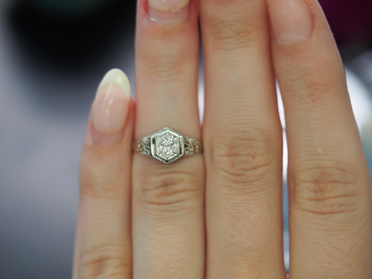 Estate Art Deco 12K White Gold Double Diamond Ring - VHK#1009