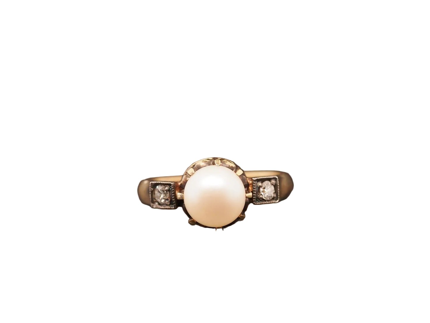 Estate Antique 18K Yellow Gold Pearl and Diamond Ring - VHK#1011
