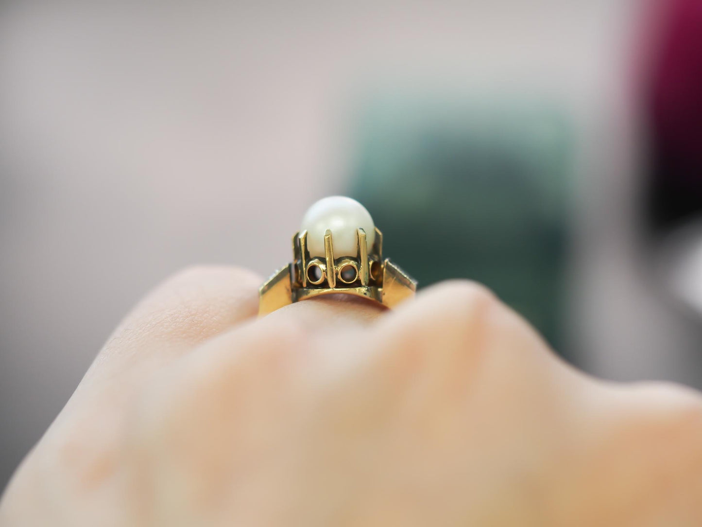 Estate Antique 18K Yellow Gold Pearl and Diamond Ring - VHK#1011