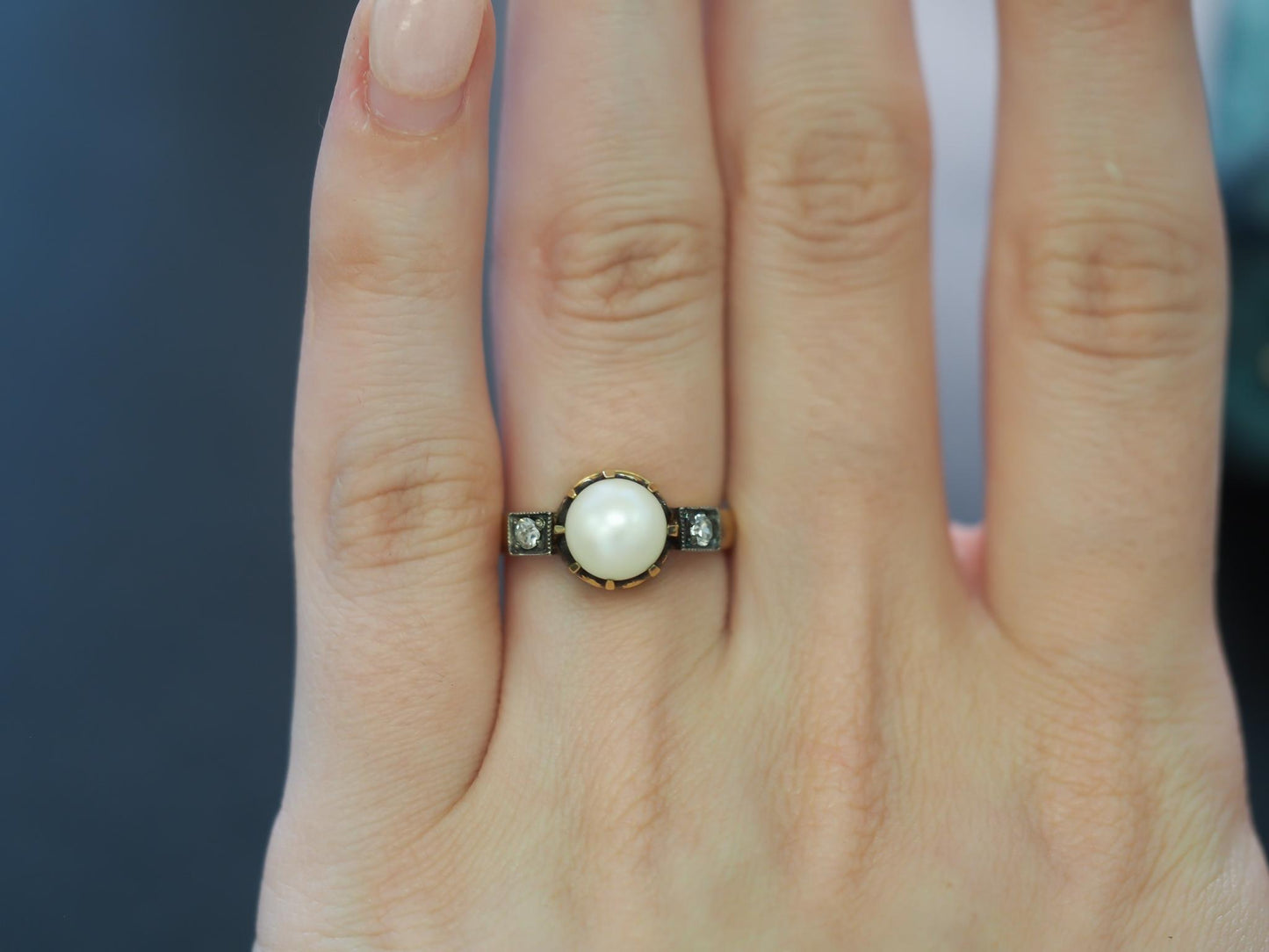 Estate Antique 18K Yellow Gold Pearl and Diamond Ring - VHK#1011