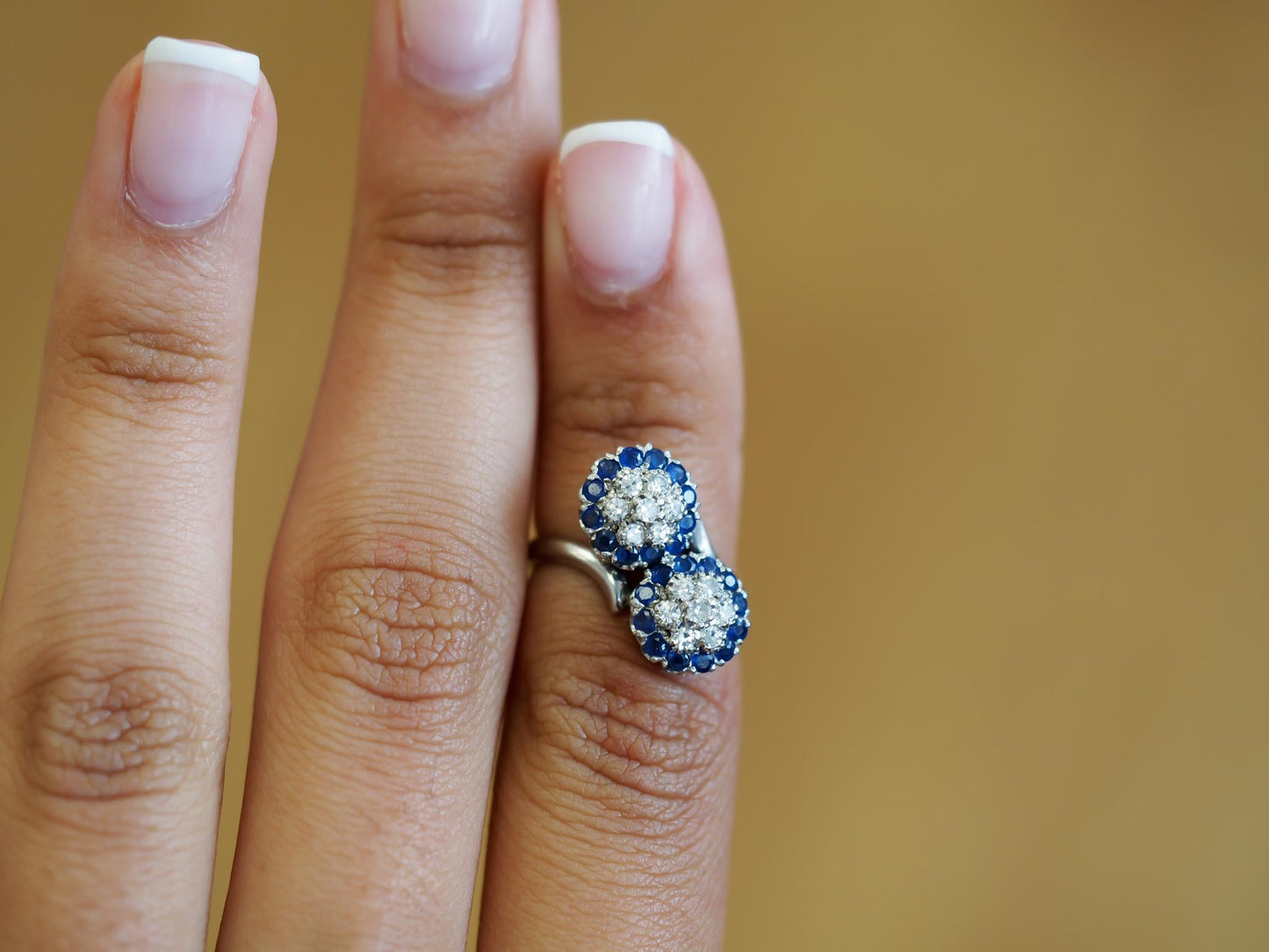 Estate Vintage 18K White Gold Sapphire and Diamond Bypass Ring - VHK#1018