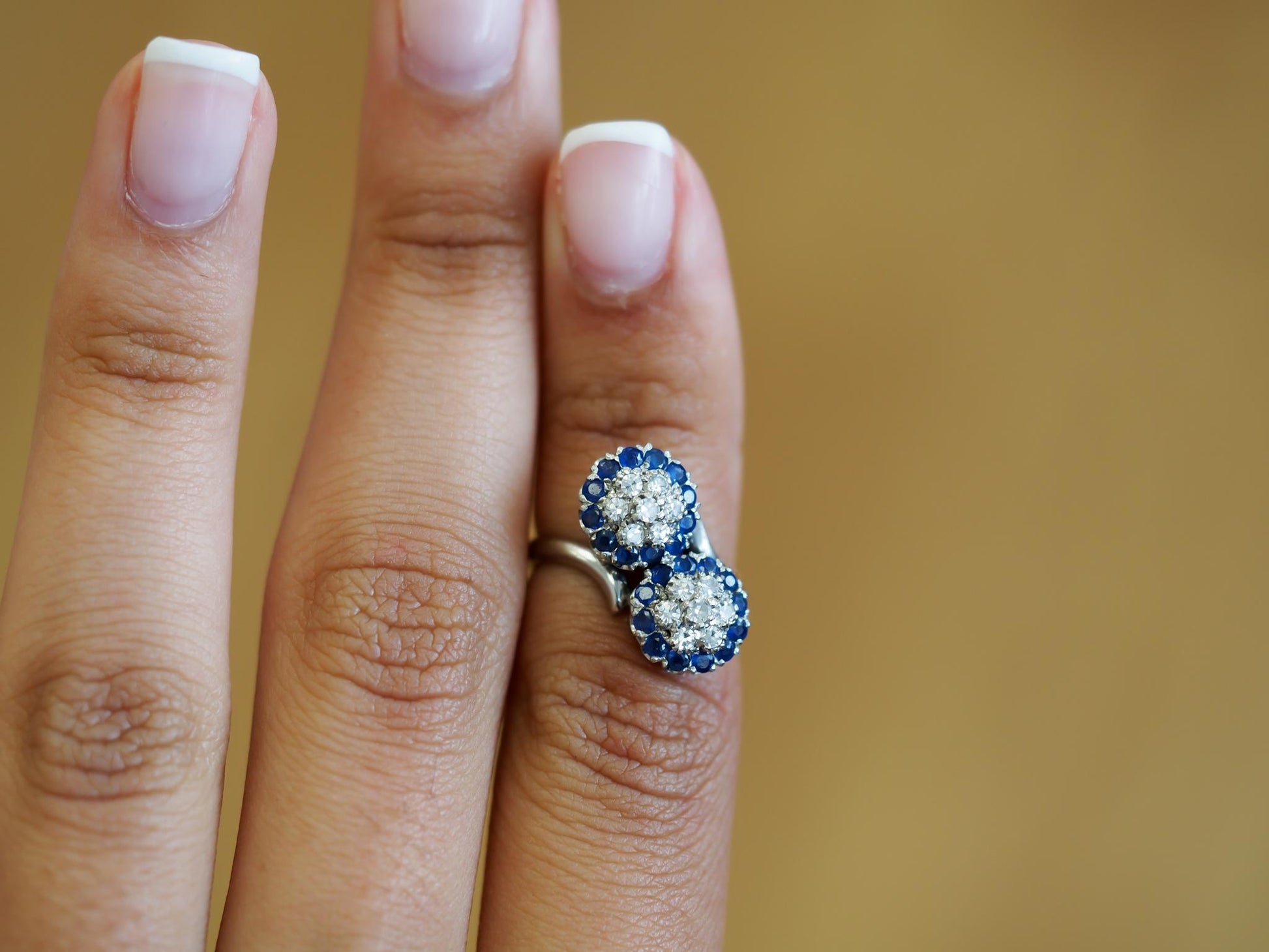 Estate Vintage 18K White Gold Sapphire and Diamond Bypass Ring - VHK#1018