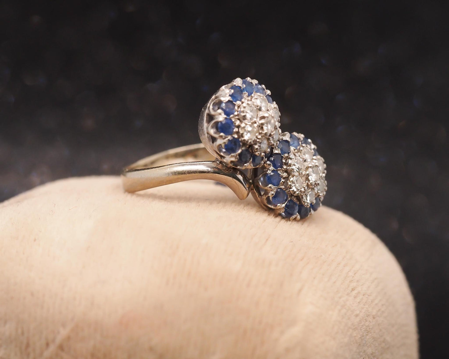 Estate Vintage 18K White Gold Sapphire and Diamond Bypass Ring - VHK#1018