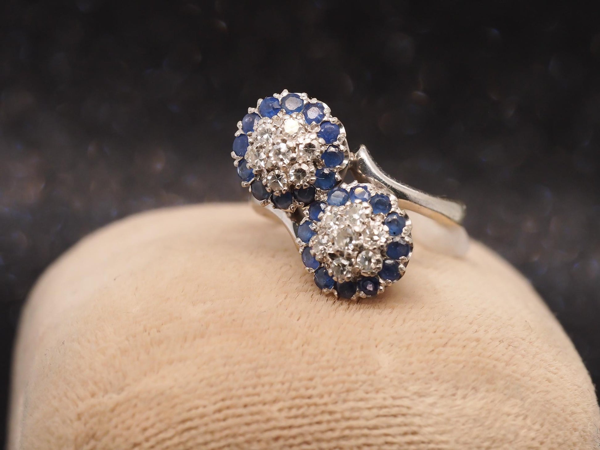 Estate Vintage 18K White Gold Sapphire and Diamond Bypass Ring - VHK#1018