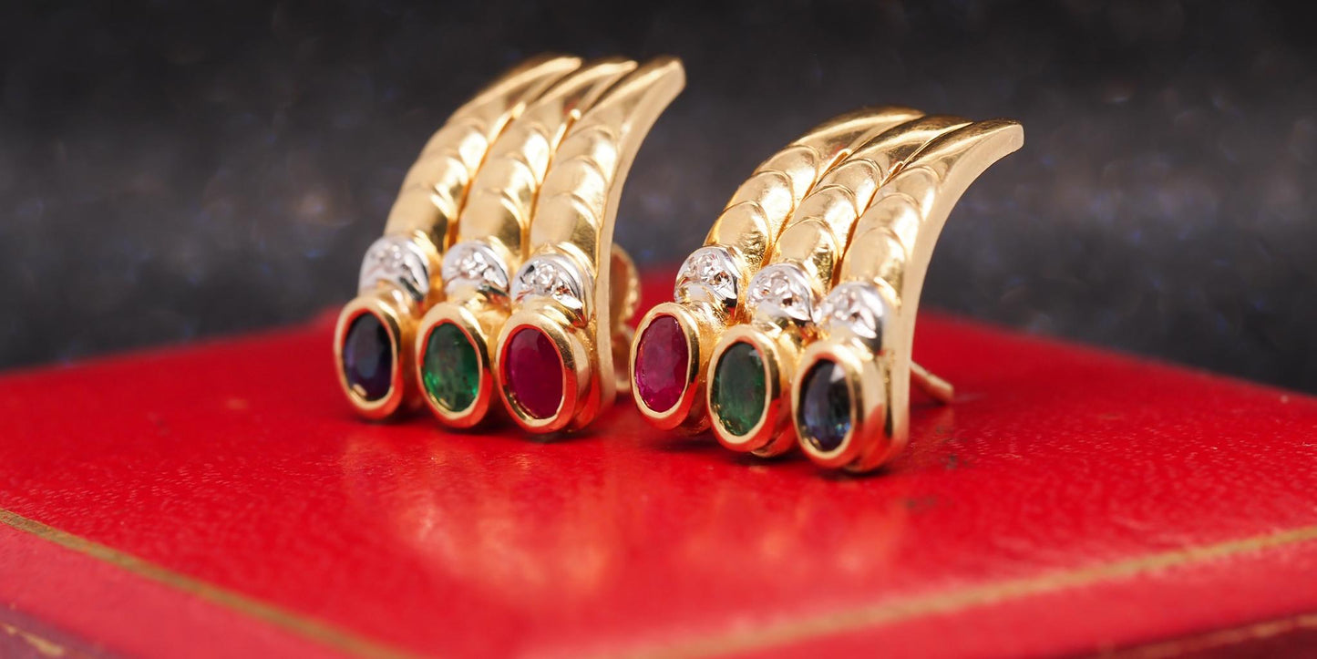 Estate 18K Yellow Gold Ruby, Sapphire, Emerald and Diamond Earrings - VHK#1026