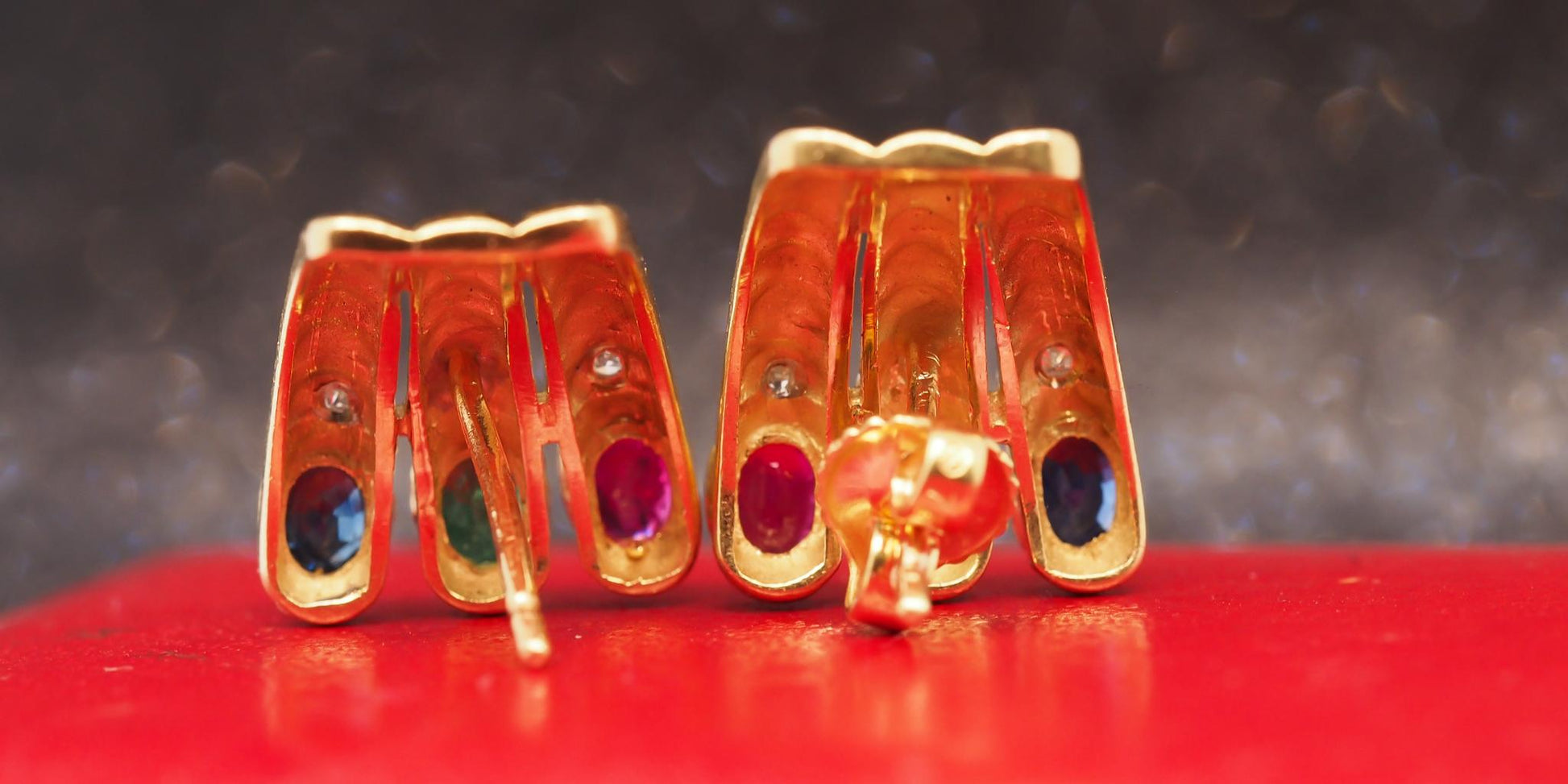Estate 18K Yellow Gold Ruby, Sapphire, Emerald and Diamond Earrings - VHK#1026