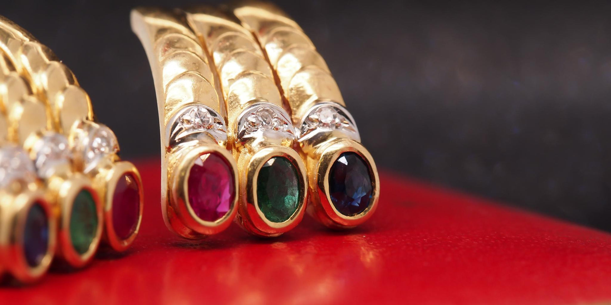 Estate 18K Yellow Gold Ruby, Sapphire, Emerald and Diamond Earrings - VHK#1026