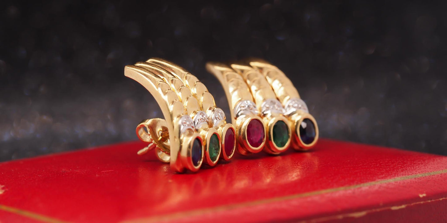 Estate 18K Yellow Gold Ruby, Sapphire, Emerald and Diamond Earrings - VHK#1026