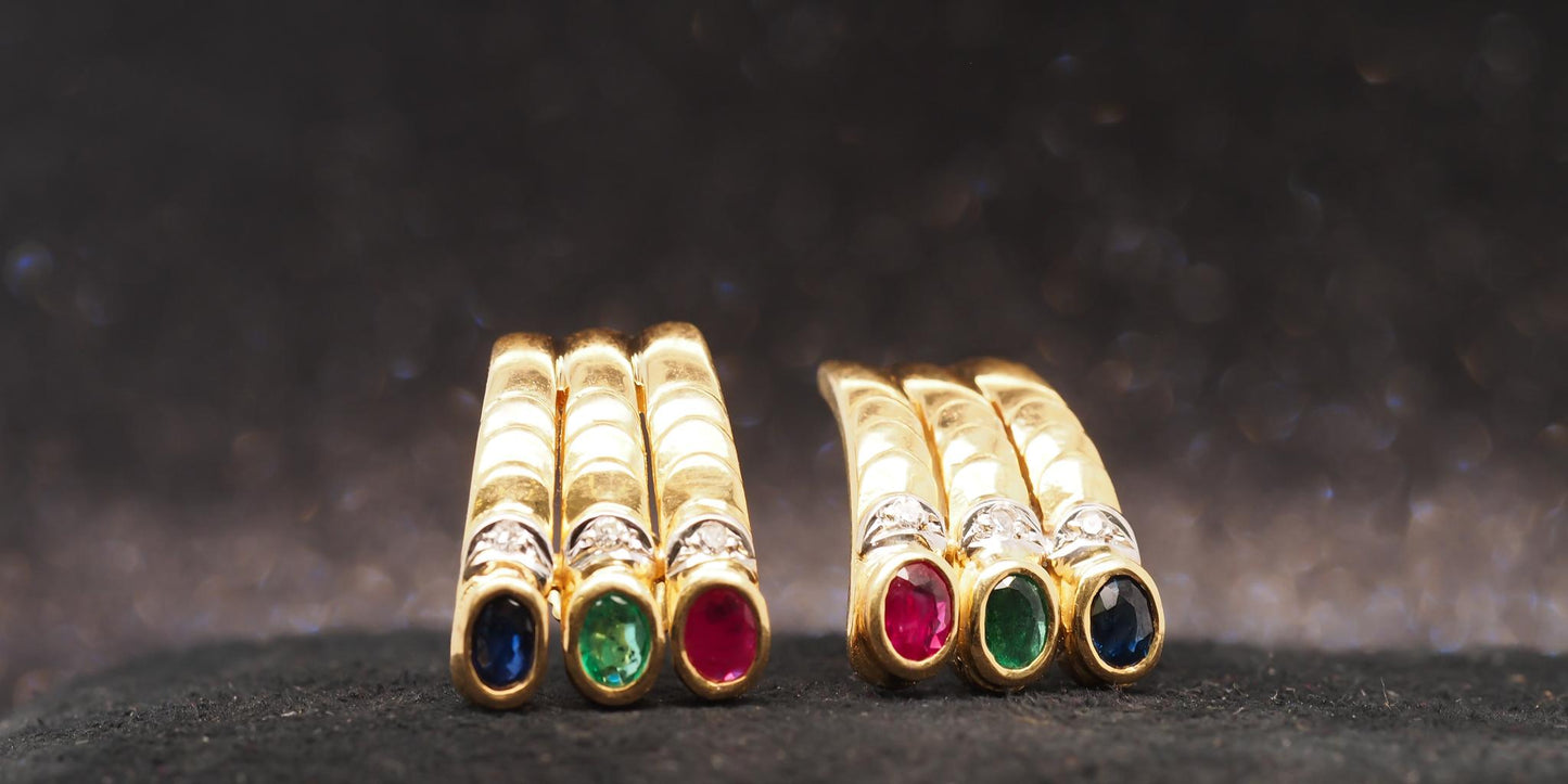Estate 18K Yellow Gold Ruby, Sapphire, Emerald and Diamond Earrings - VHK#1026