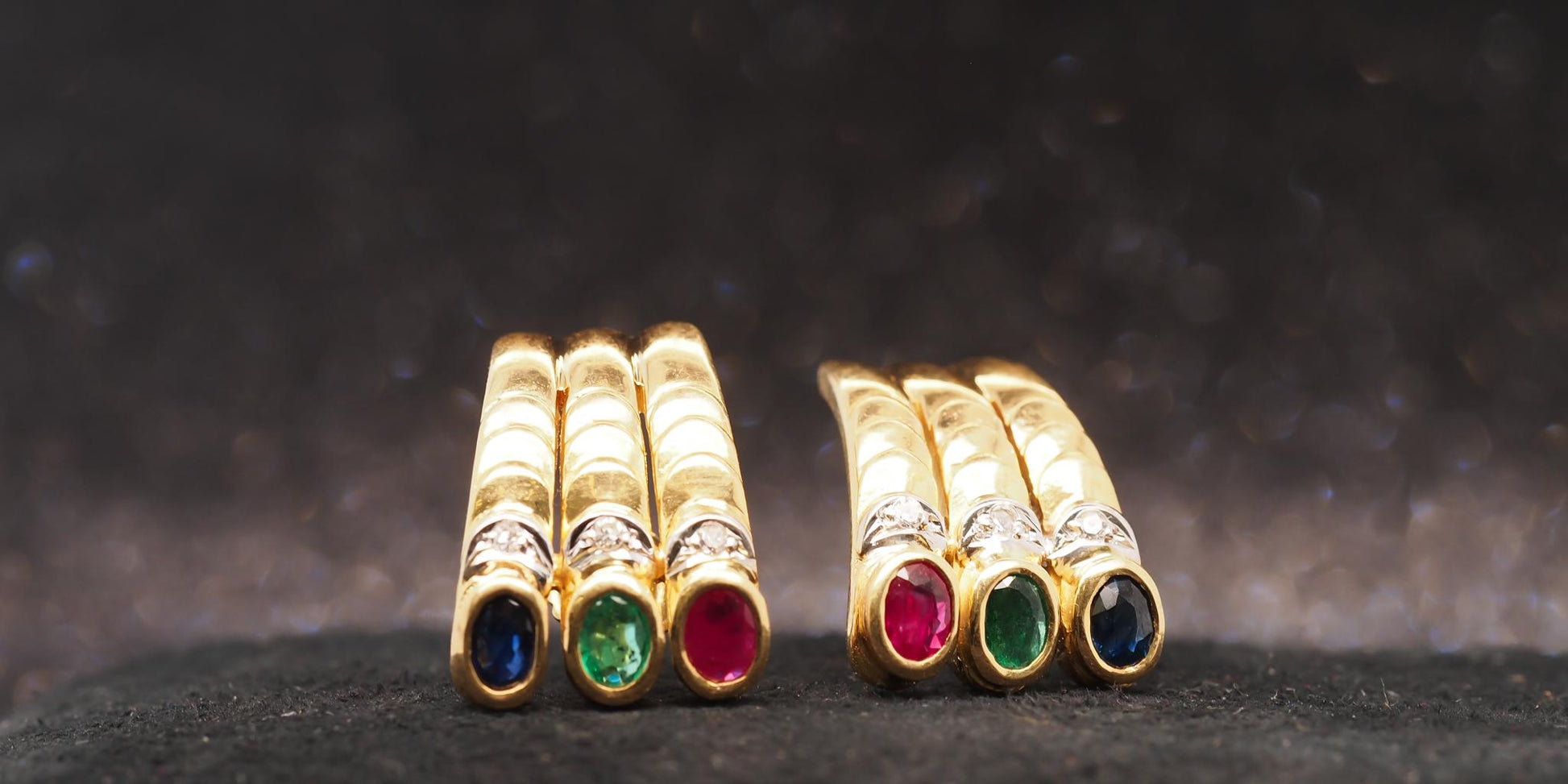 Estate 18K Yellow Gold Ruby, Sapphire, Emerald and Diamond Earrings - VHK#1026