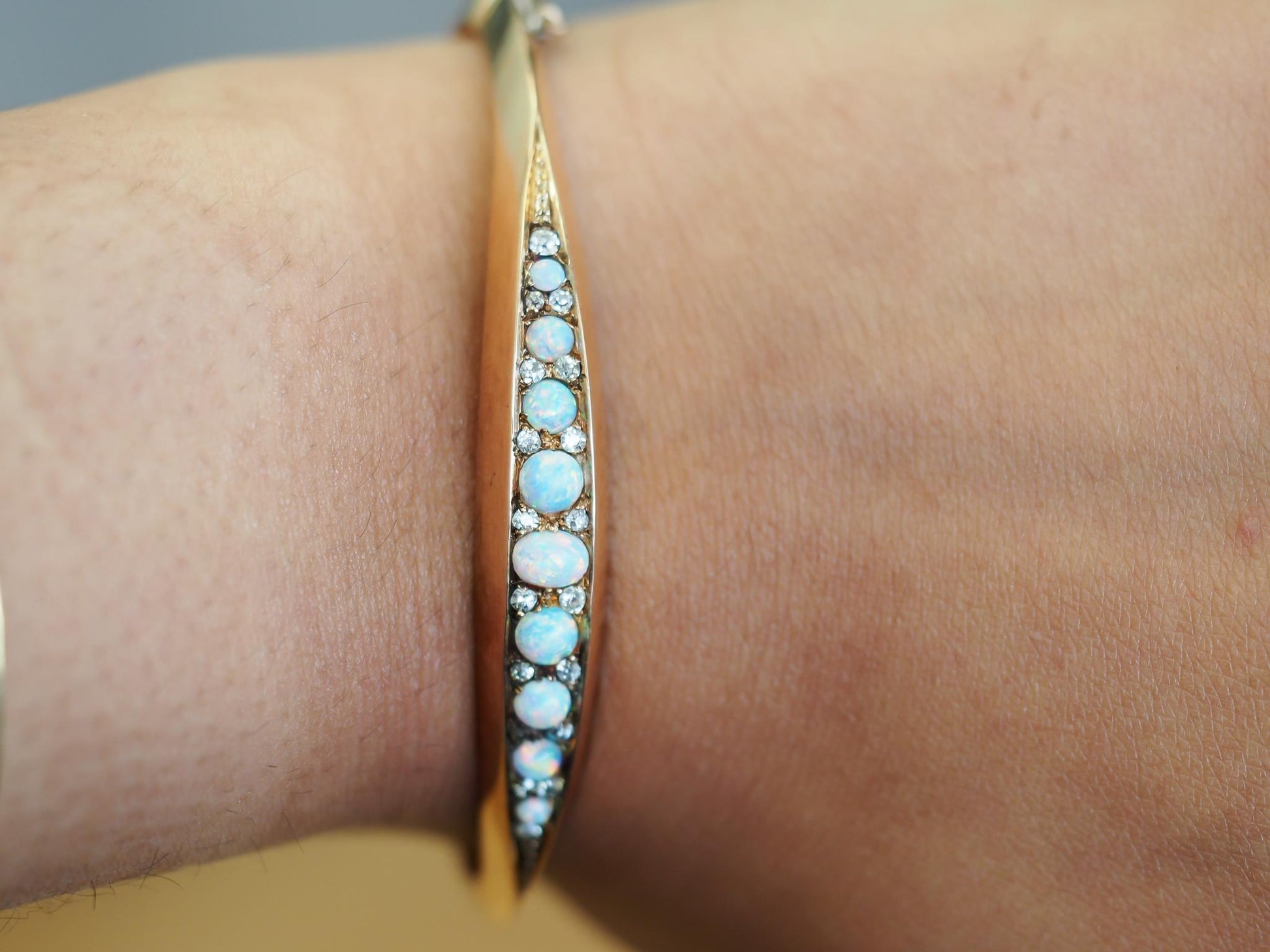 Estate Edwardian 14K Rose Gold Opal and Old Mine Diamond Bangle - VHK#1028