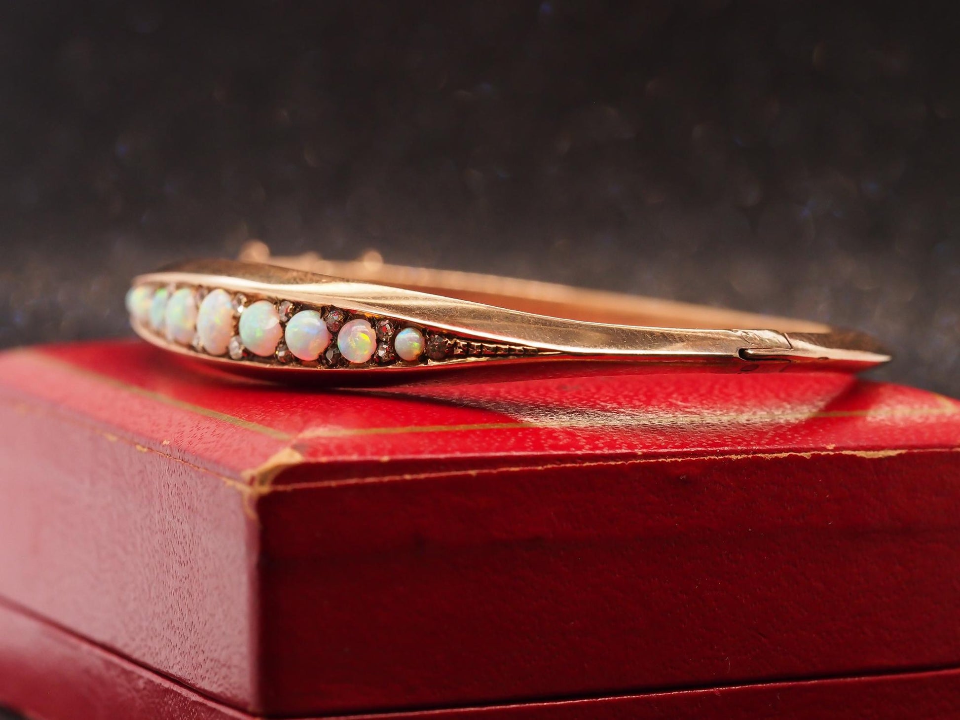 Estate Edwardian 14K Rose Gold Opal and Old Mine Diamond Bangle - VHK#1028