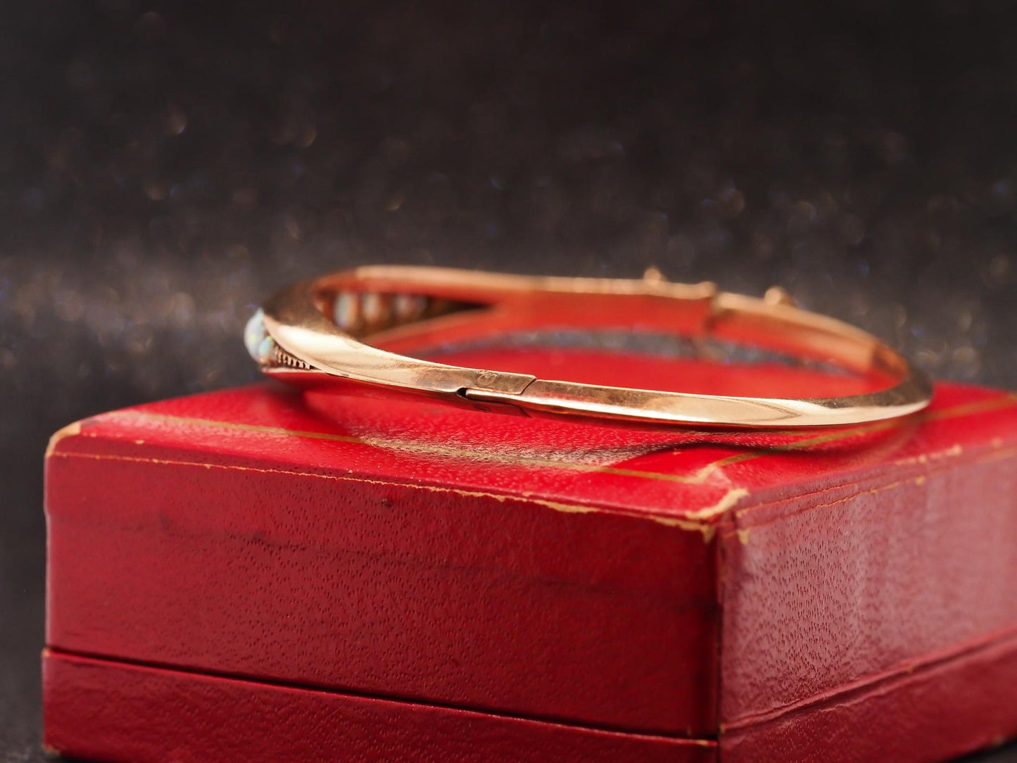 Estate Edwardian 14K Rose Gold Opal and Old Mine Diamond Bangle - VHK#1028
