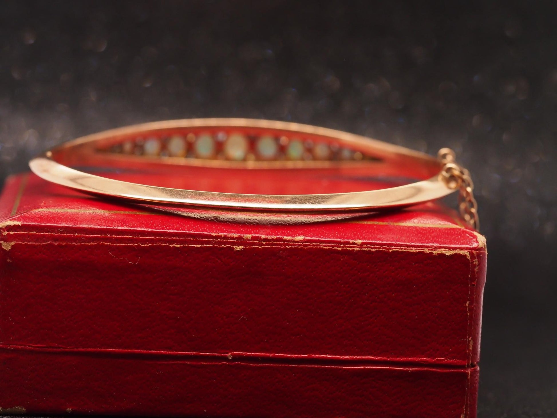 Estate Edwardian 14K Rose Gold Opal and Old Mine Diamond Bangle - VHK#1028