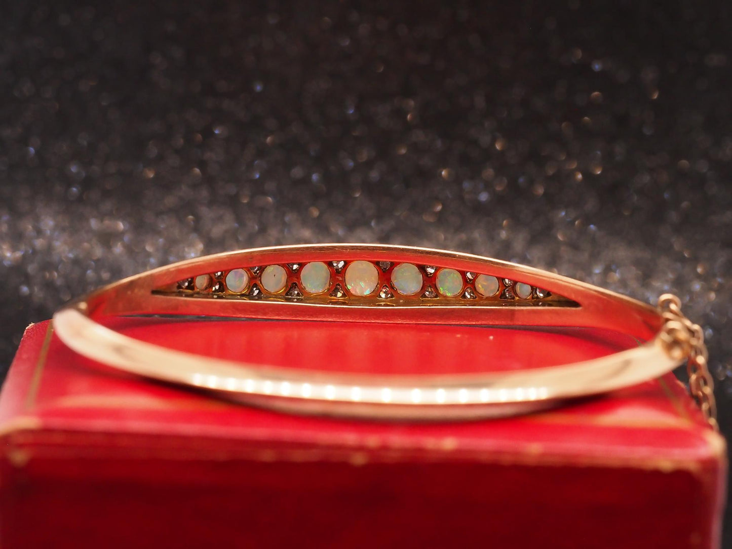Estate Edwardian 14K Rose Gold Opal and Old Mine Diamond Bangle - VHK#1028