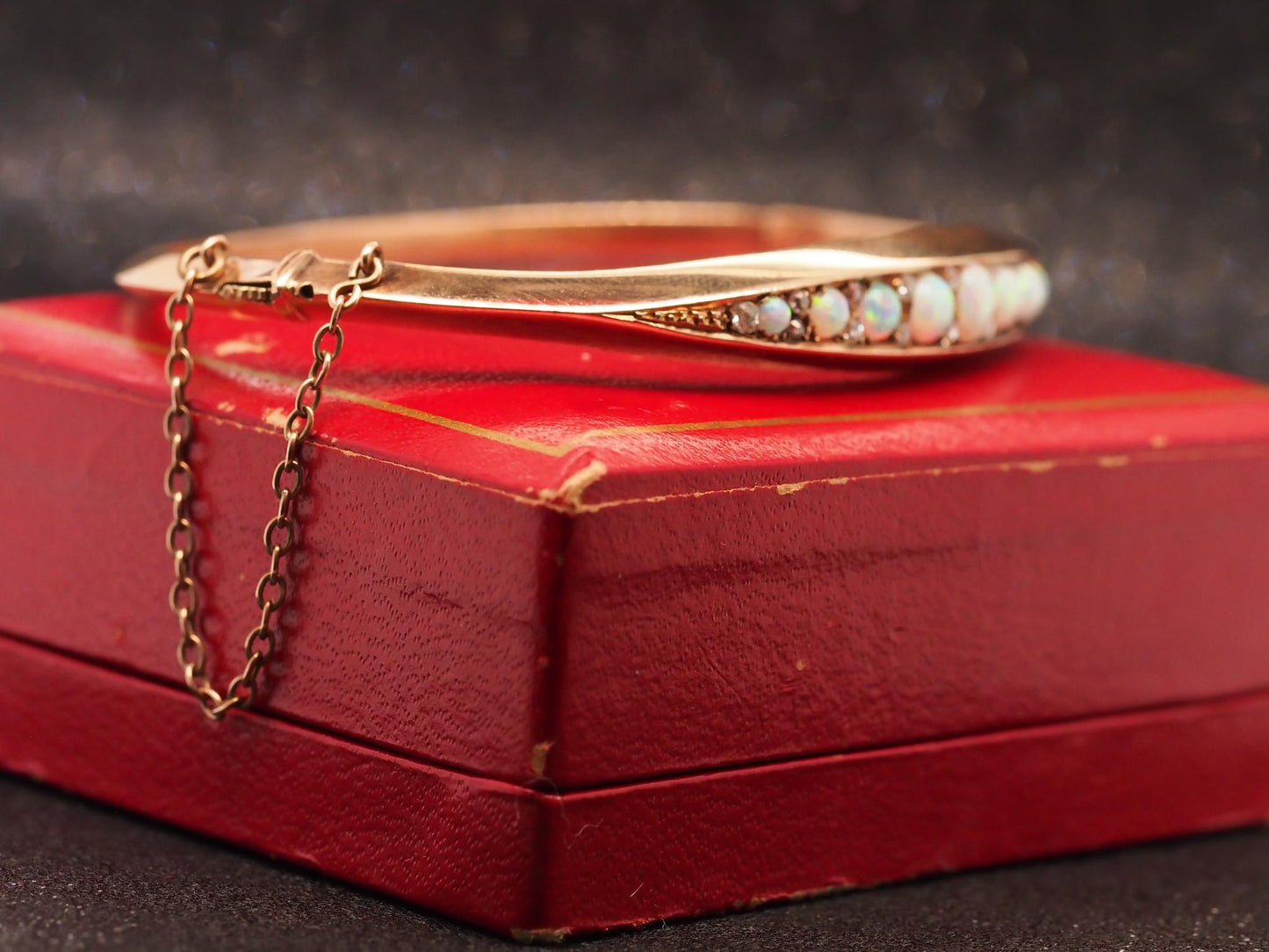 Estate Edwardian 14K Rose Gold Opal and Old Mine Diamond Bangle - VHK#1028