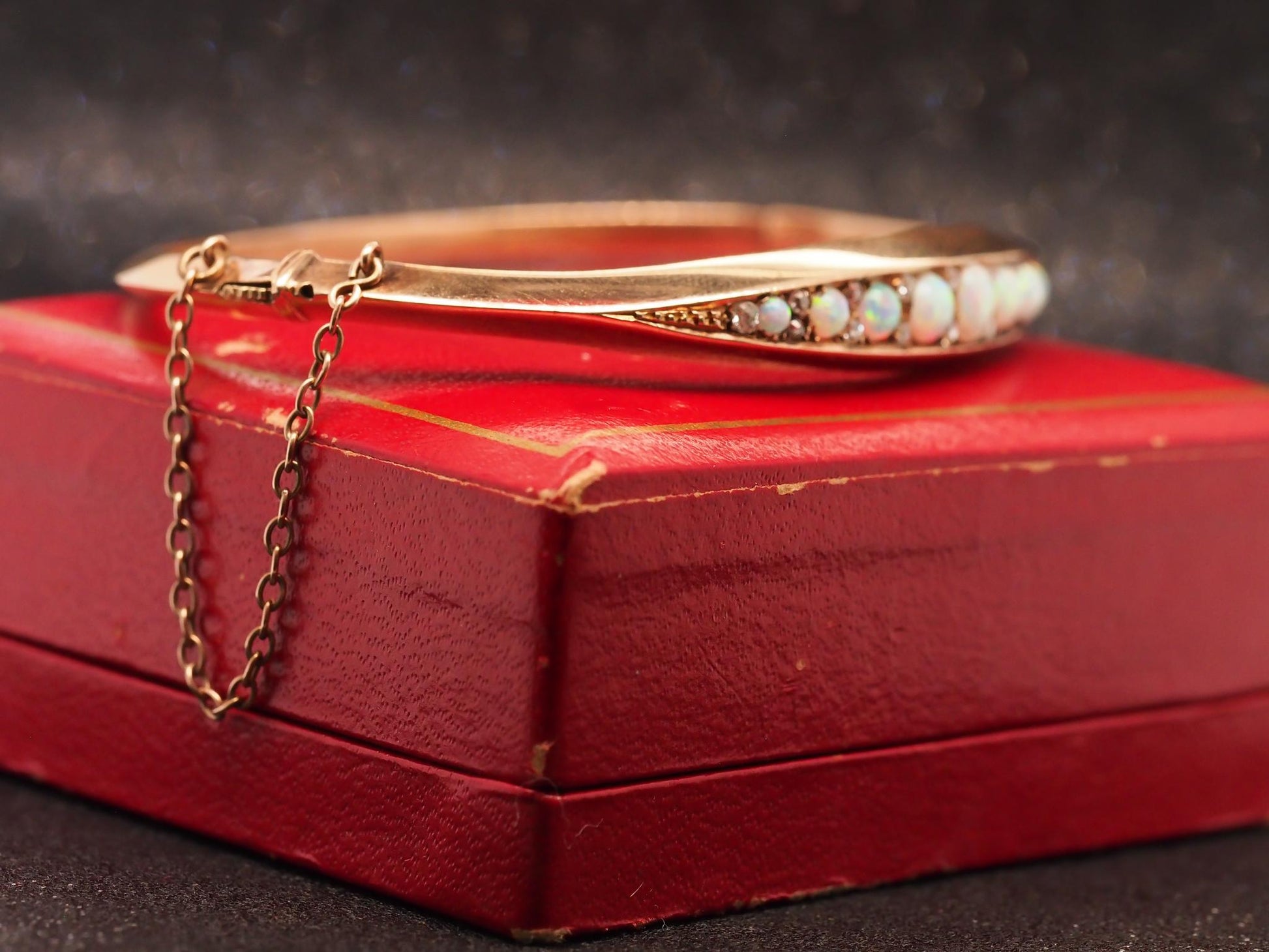 Estate Edwardian 14K Rose Gold Opal and Old Mine Diamond Bangle - VHK#1028