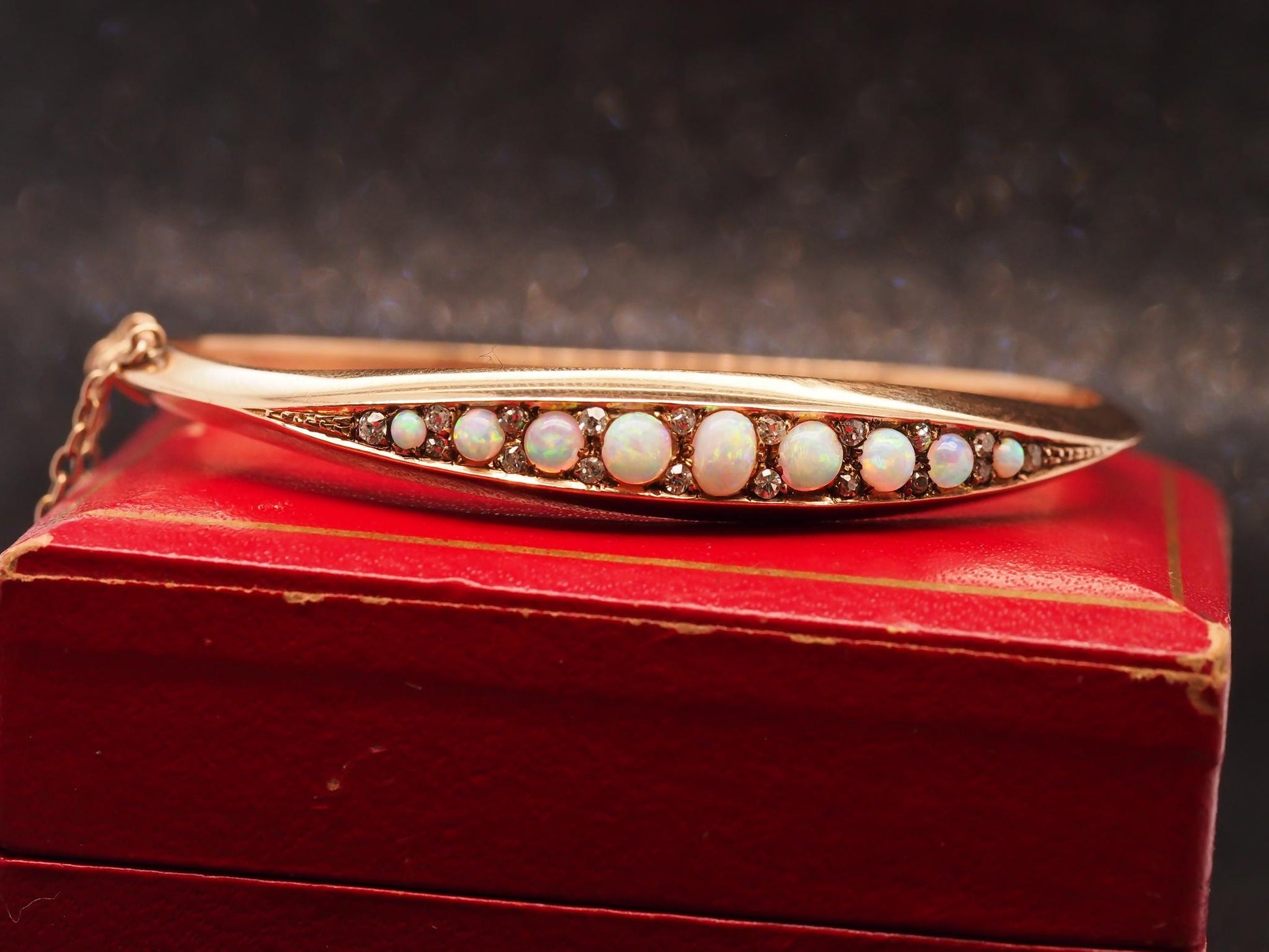 Estate Edwardian 14K Rose Gold Opal and Old Mine Diamond Bangle - VHK#1028