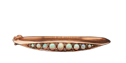 Estate Edwardian 14K Rose Gold Opal and Old Mine Diamond Bangle - VHK#1028
