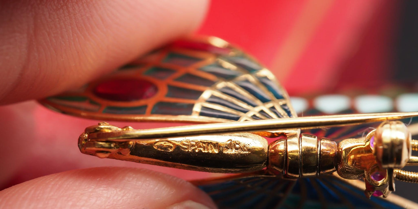 Estate 18K Gold Butterfly Articulating Wing Plique A Jour Brooch - VHK#312A