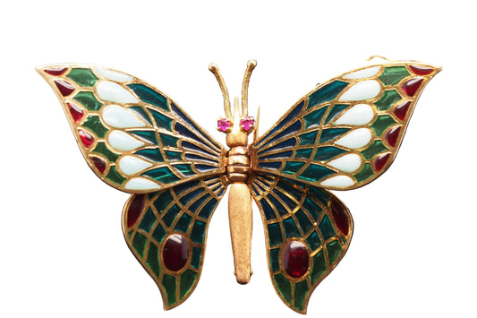 Estate 18K Gold Butterfly Articulating Wing Plique A Jour Brooch - VHK#312A