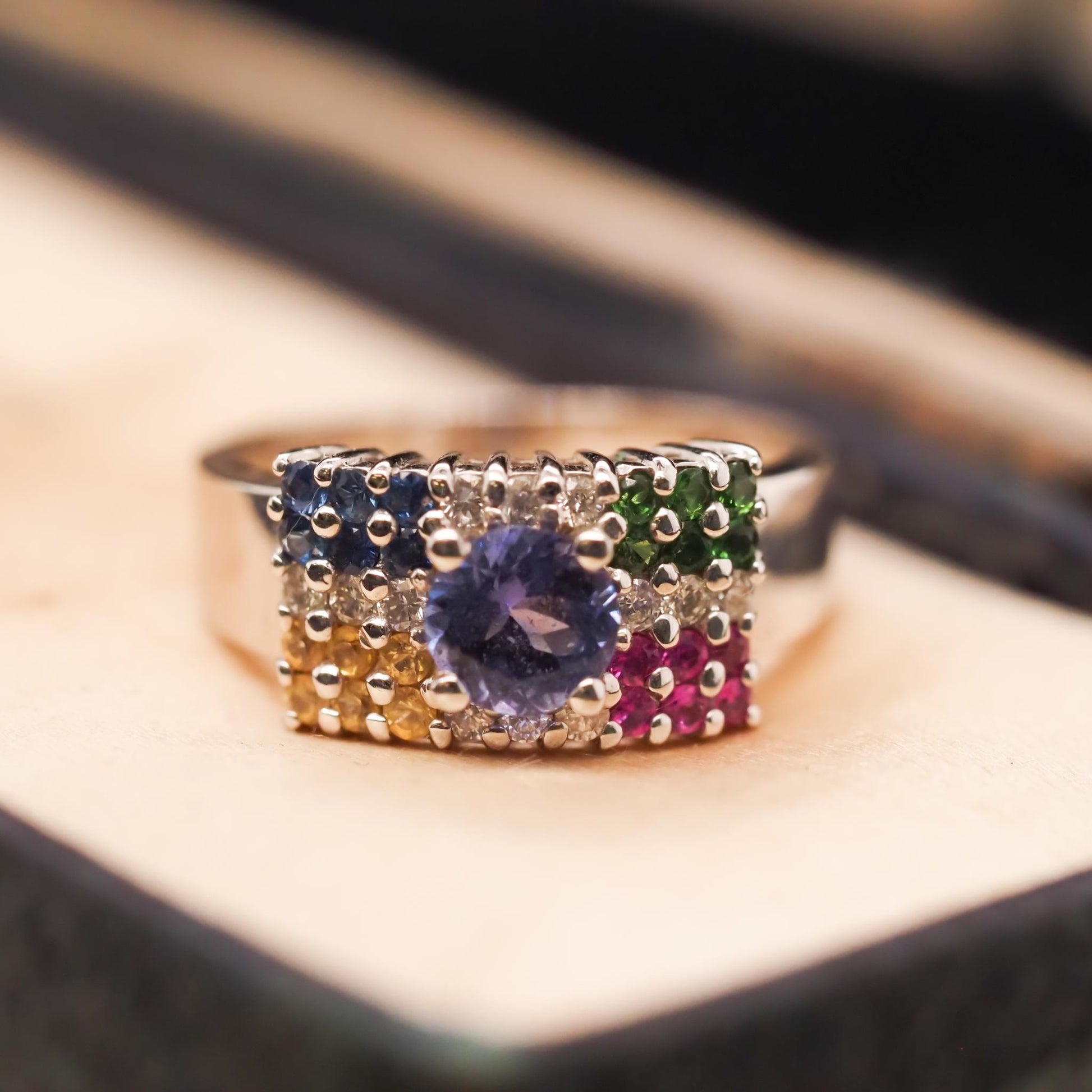 14K White Gold Multi Gem Stone and Diamond Cocktail Ring - VHK#668