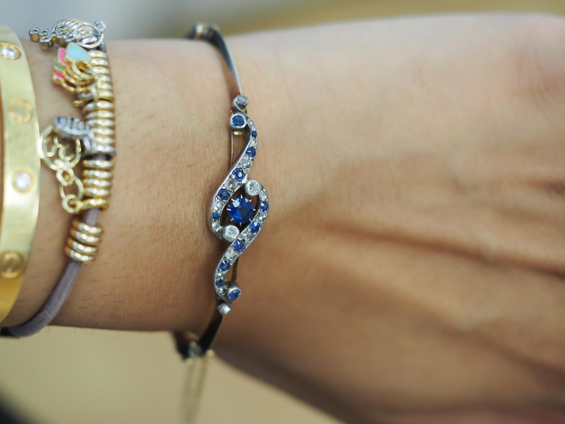 Title: Estate Edwardian 14K Yellow Gold Sapphire and Diamond Bangle - VHK#499B