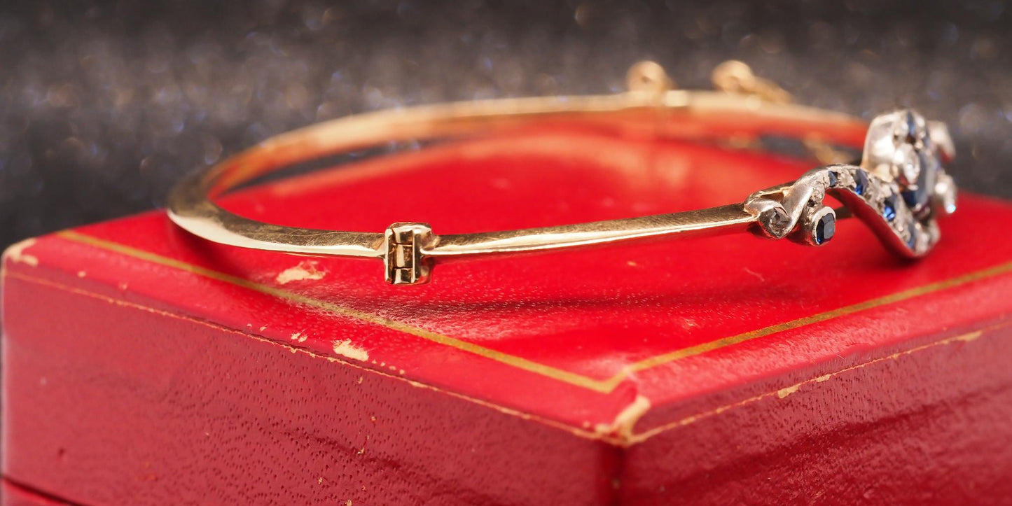 Title: Estate Edwardian 14K Yellow Gold Sapphire and Diamond Bangle - VHK#499B