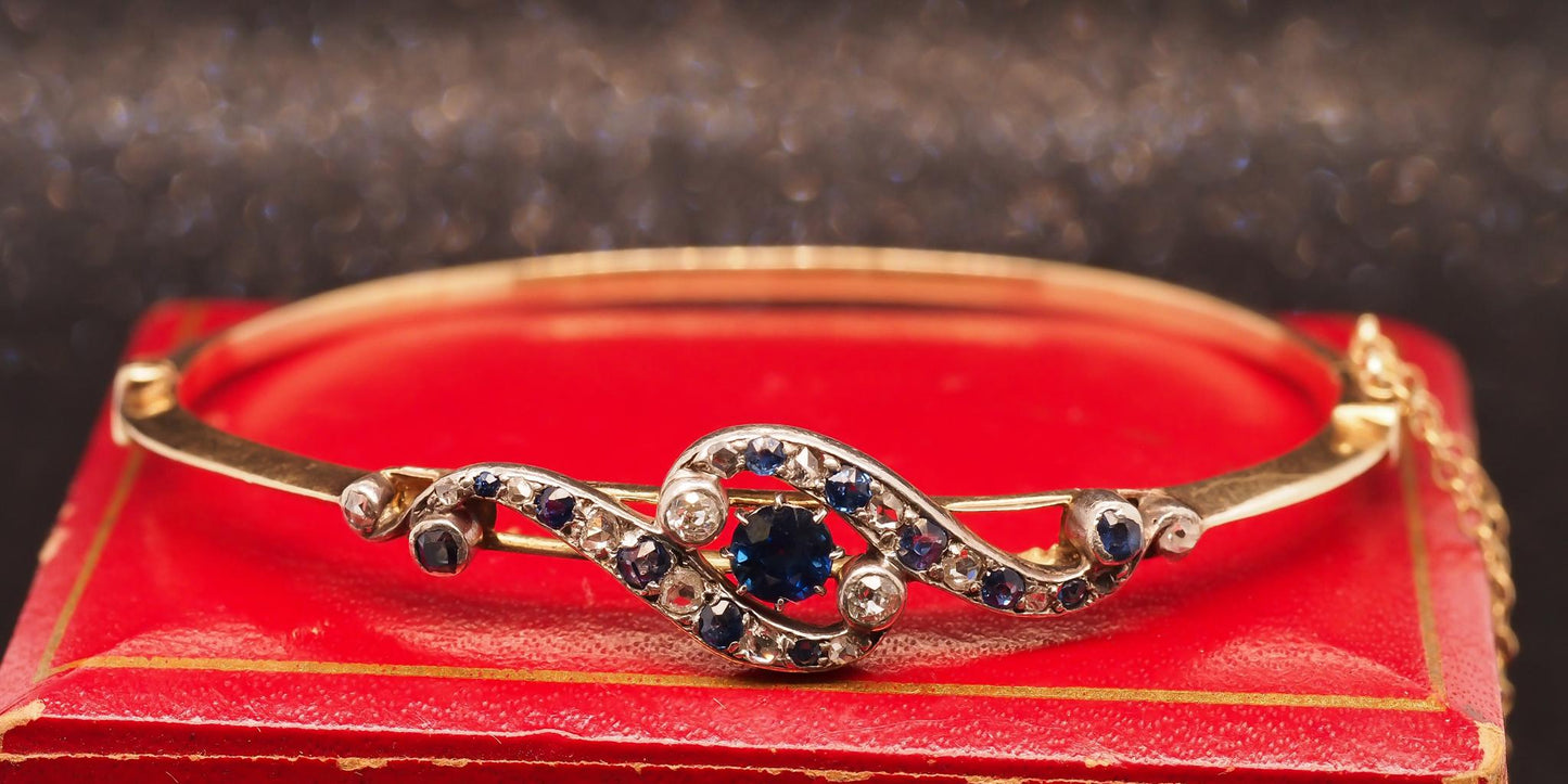 Title: Estate Edwardian 14K Yellow Gold Sapphire and Diamond Bangle - VHK#499B
