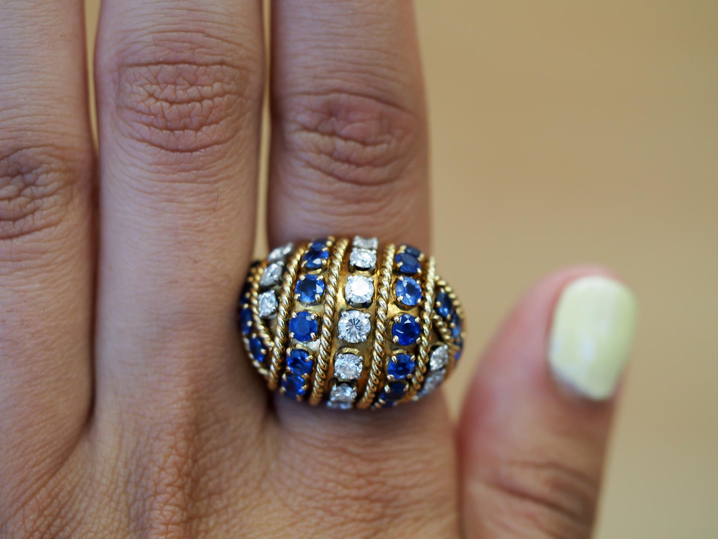 Estate Vintage 18K Yellow Gold Sapphire & Diamond Bombe Ring - VHK#564A