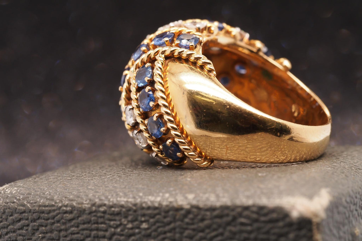 Estate Vintage 18K Yellow Gold Sapphire & Diamond Bombe Ring - VHK#564A