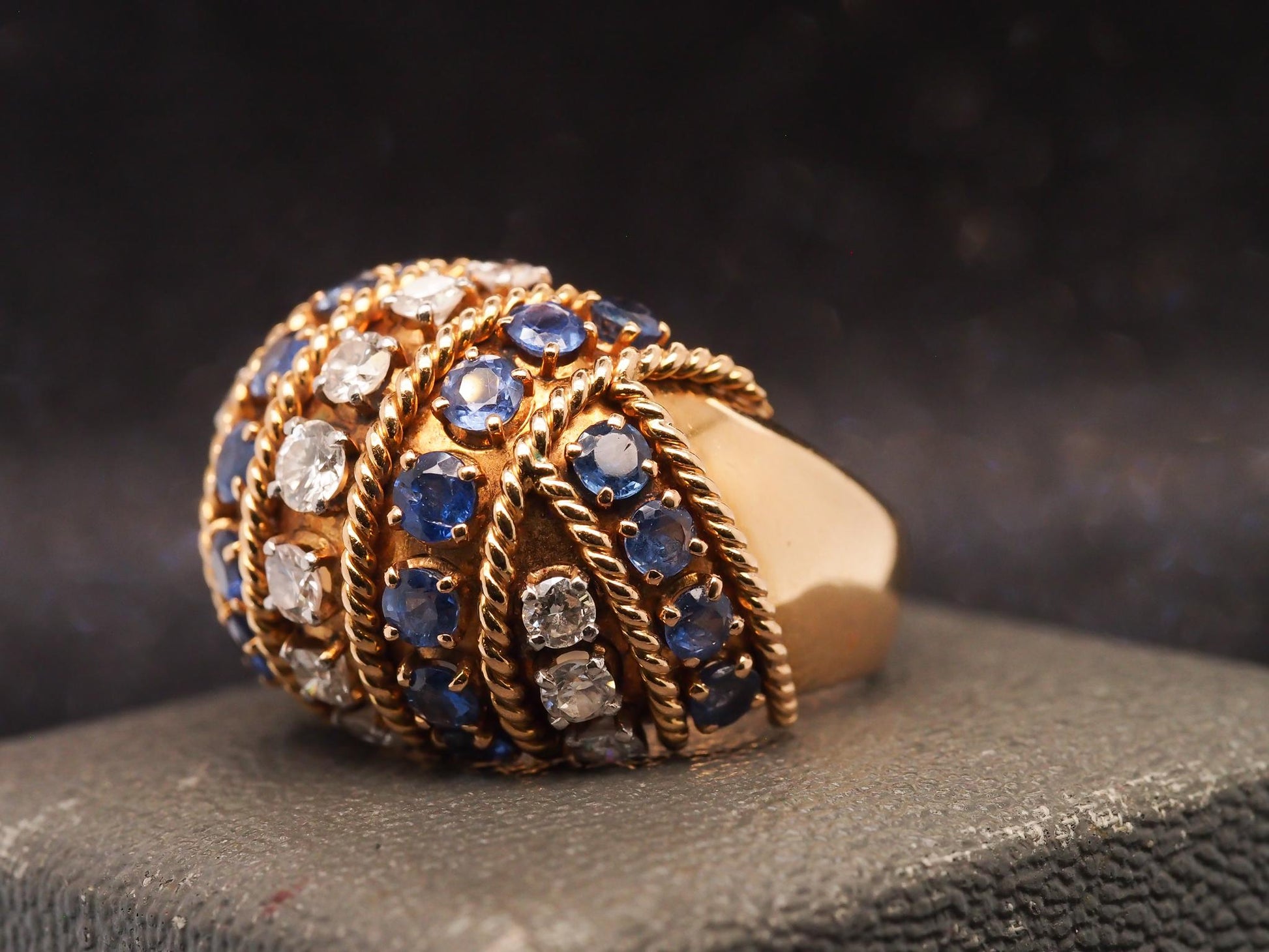 Estate Vintage 18K Yellow Gold Sapphire & Diamond Bombe Ring - VHK#564A