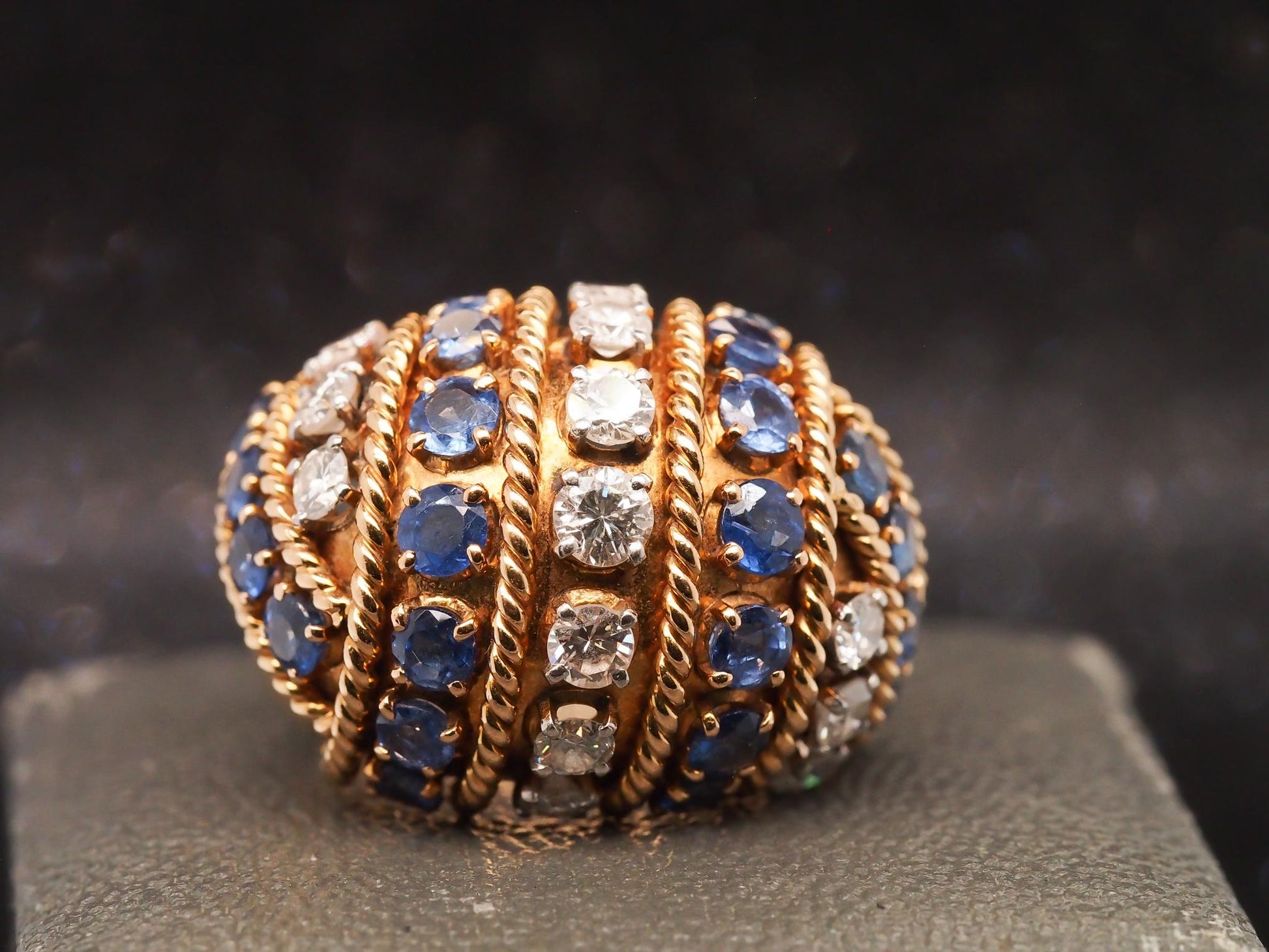 Estate Vintage 18K Yellow Gold Sapphire & Diamond Bombe Ring - VHK#564A