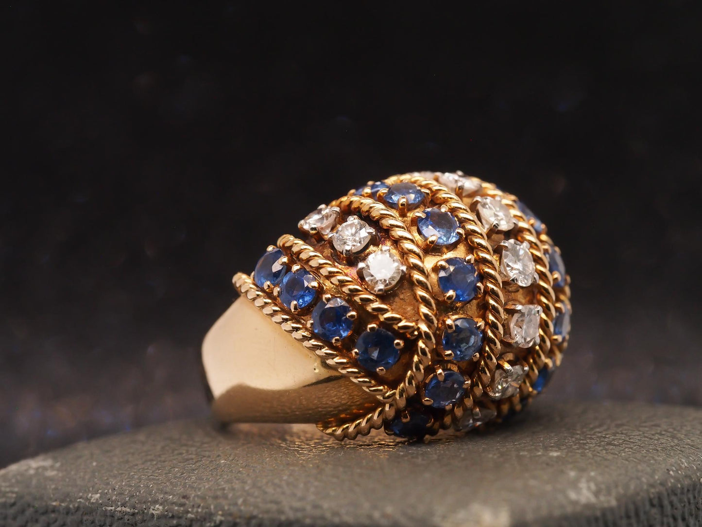 Estate Vintage 18K Yellow Gold Sapphire & Diamond Bombe Ring - VHK#564A