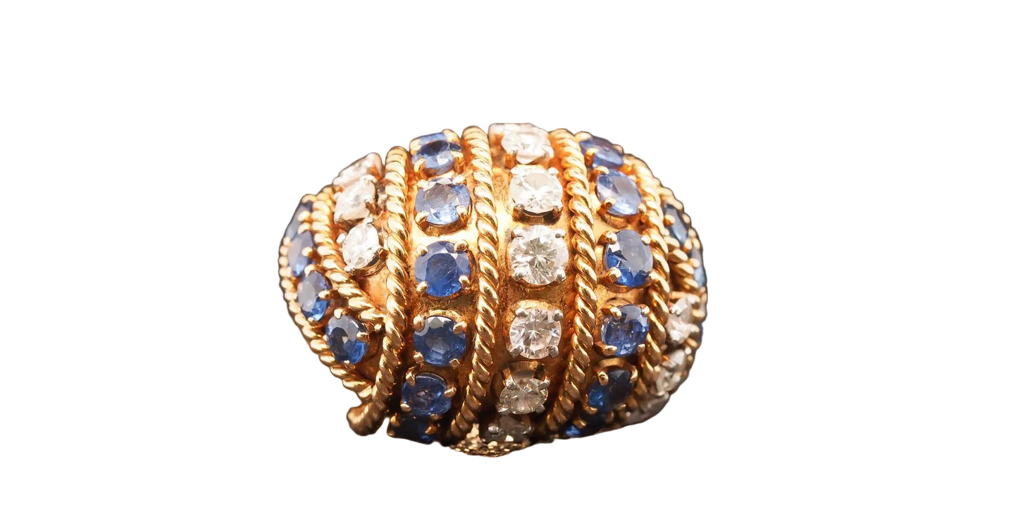 Estate Vintage 18K Yellow Gold Sapphire & Diamond Bombe Ring - VHK#564A