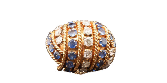 Estate Vintage 18K Yellow Gold Sapphire & Diamond Bombe Ring - VHK#564A
