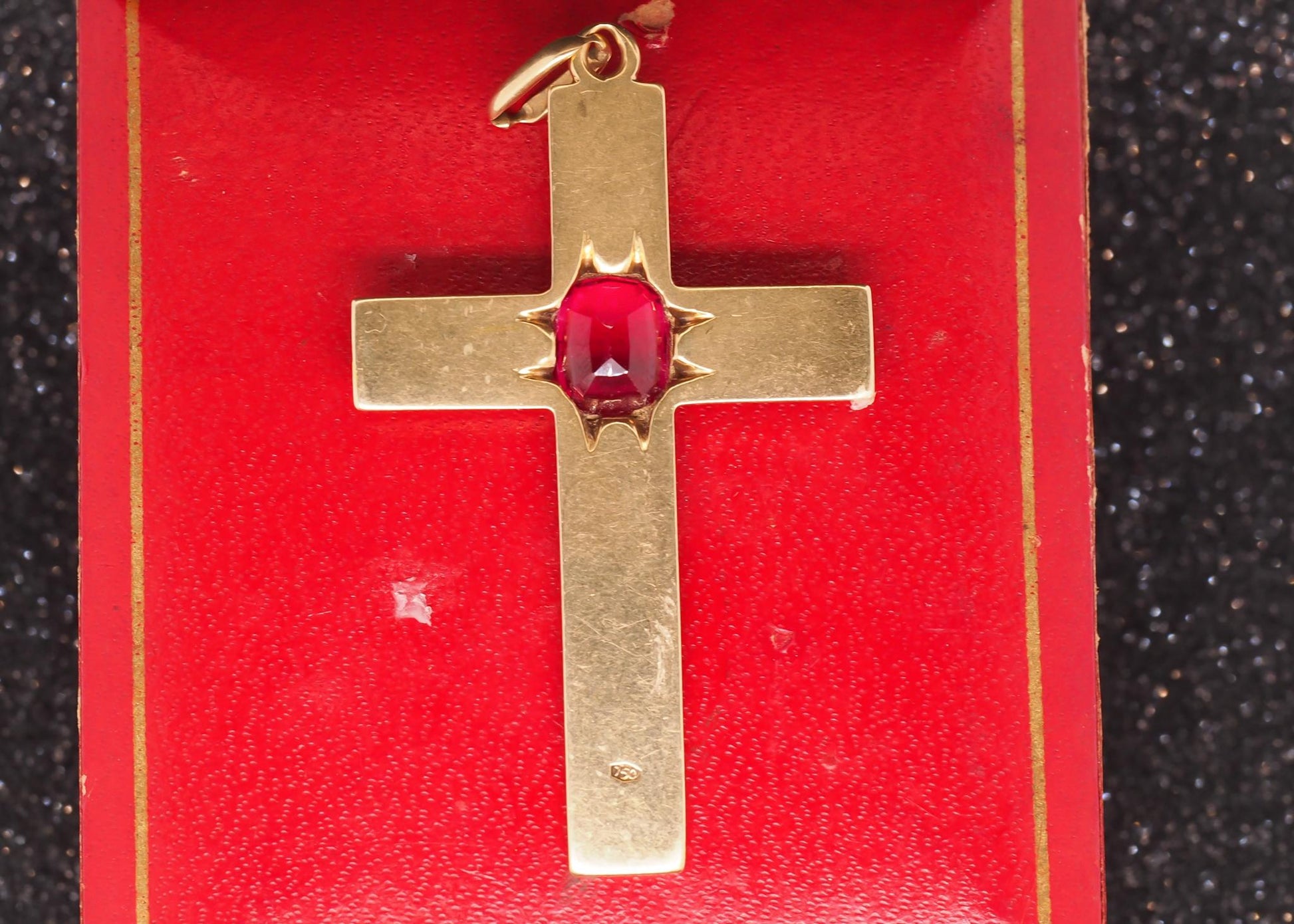 Estate Antique 18K Yellow Gold Synthetic Ruby Cross Pendant - VHK#552B