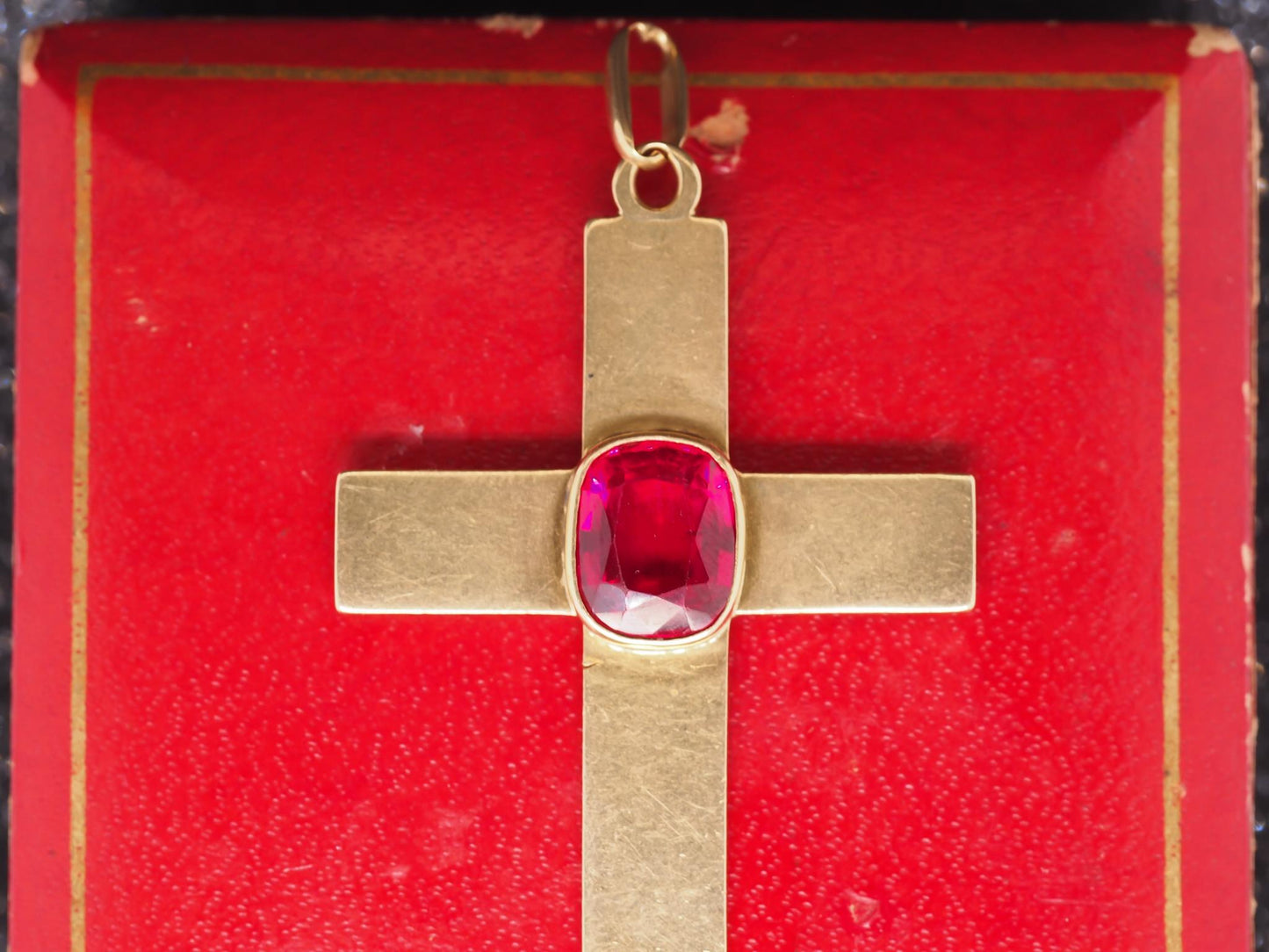 Estate Antique 18K Yellow Gold Synthetic Ruby Cross Pendant - VHK#552B