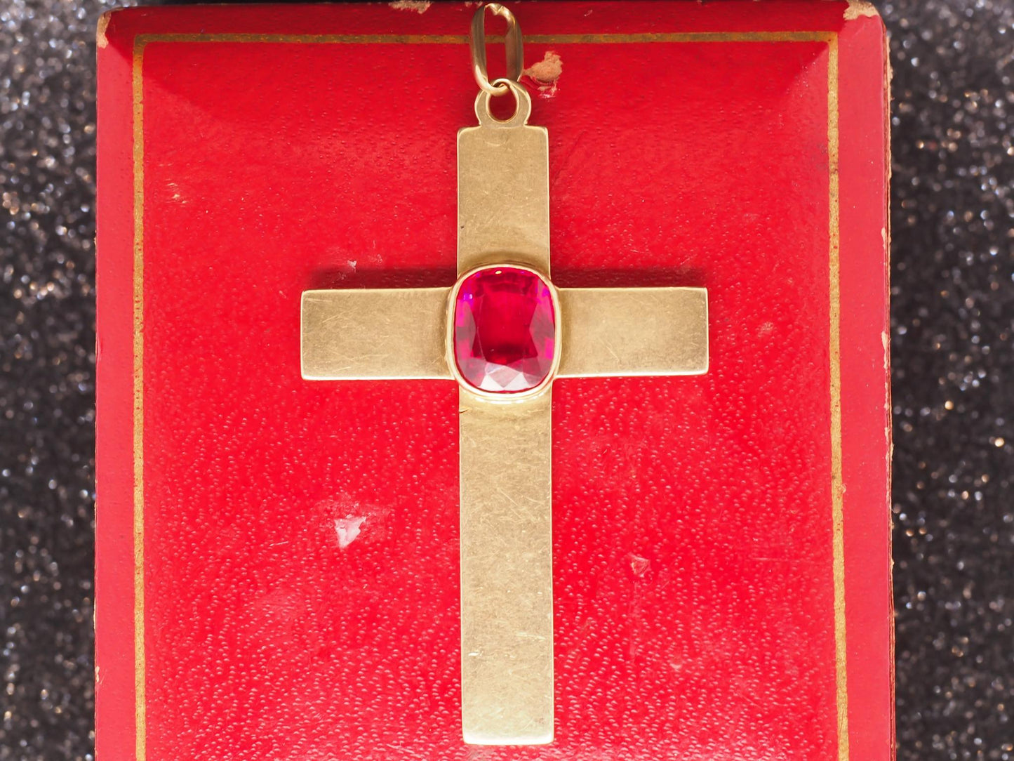 Estate Antique 18K Yellow Gold Synthetic Ruby Cross Pendant - VHK#552B