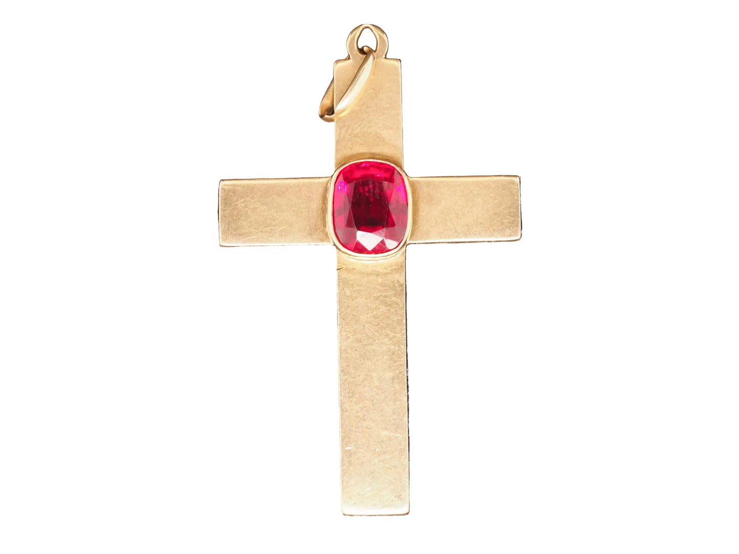Estate Antique 18K Yellow Gold Synthetic Ruby Cross Pendant - VHK#552B