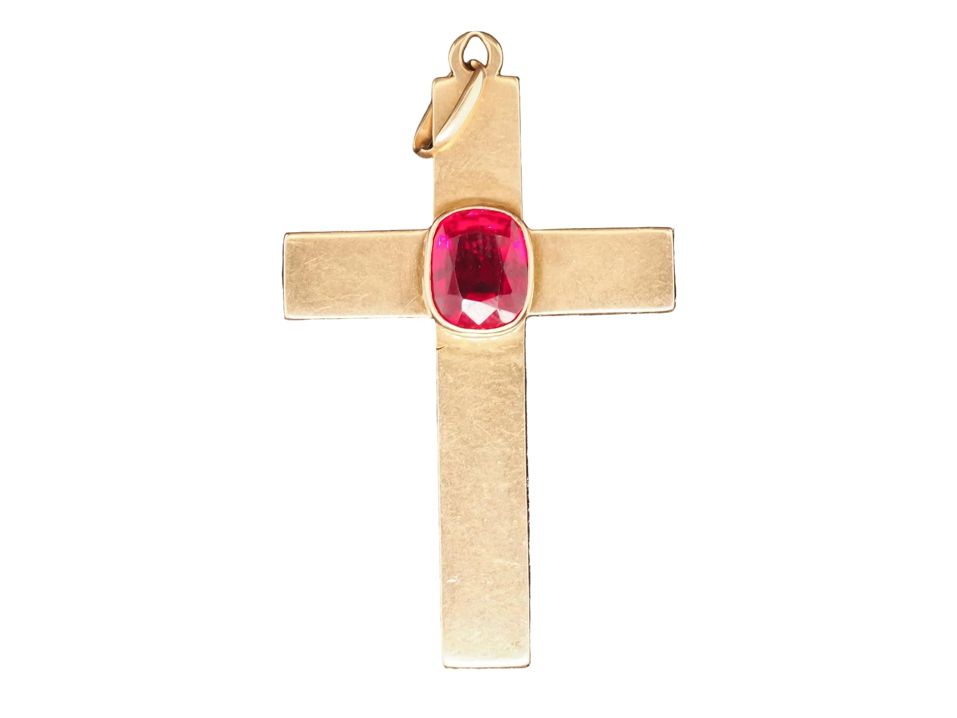 Estate Antique 18K Yellow Gold Synthetic Ruby Cross Pendant - VHK#552B