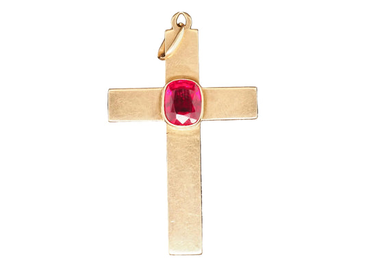 Estate Antique 18K Yellow Gold Synthetic Ruby Cross Pendant - VHK#552B