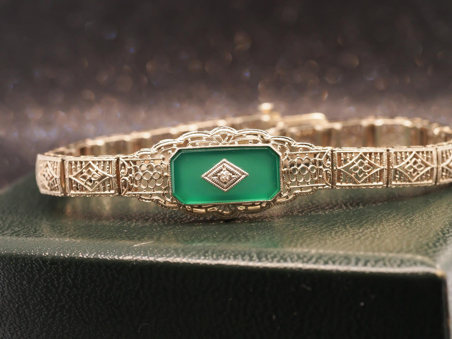 Estate Vintage 14K Yellow Gold Filigree Diamond and Chalcedony Bracelet