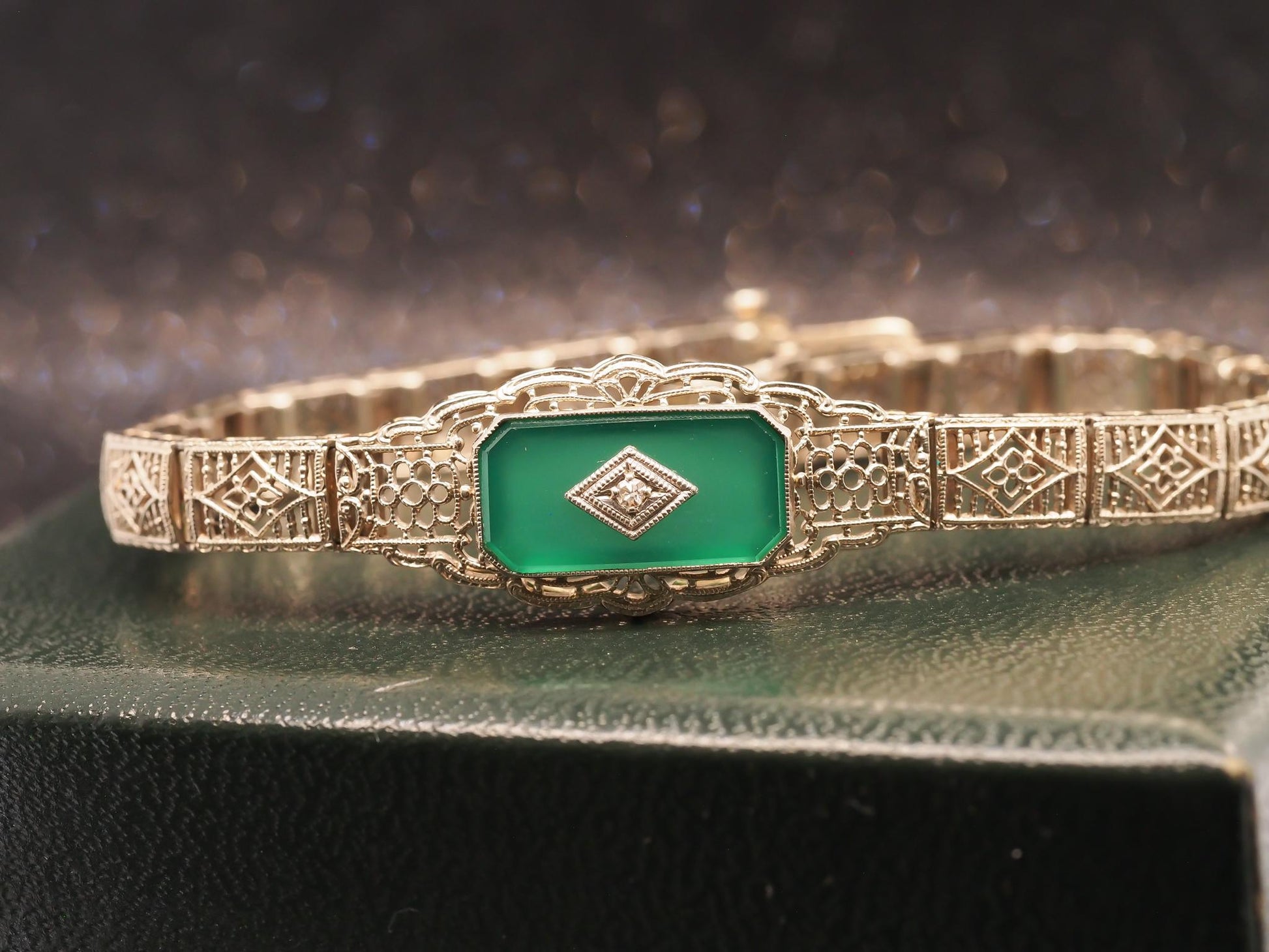 Estate Vintage 14K Yellow Gold Filigree Diamond and Chalcedony Bracelet