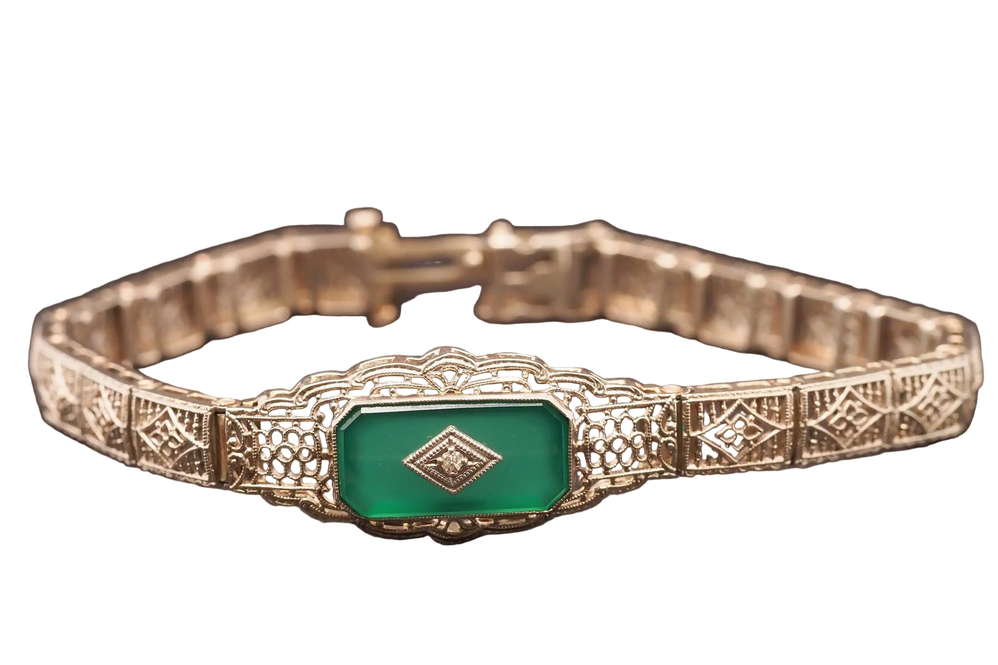 Estate Vintage 14K Yellow Gold Filigree Diamond and Chalcedony Bracelet