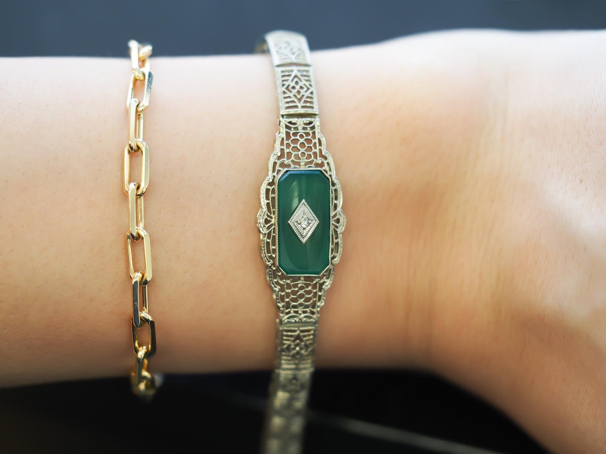 Estate Vintage 14K Yellow Gold Filigree Diamond and Chalcedony Bracelet