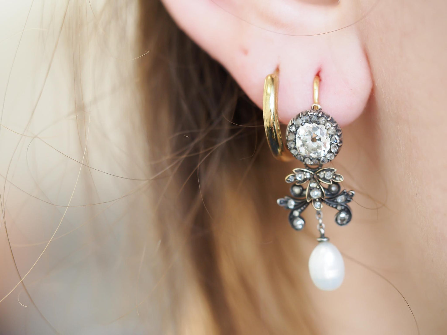 Edwardian Yellow Gold Old Mine Diamond Detachable Dangling Pearl Earrings