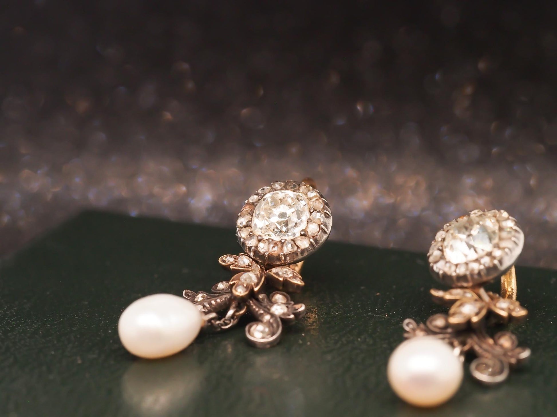 Edwardian Yellow Gold Old Mine Diamond Detachable Dangling Pearl Earrings