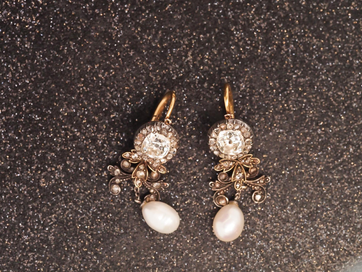 Edwardian Yellow Gold Old Mine Diamond Detachable Dangling Pearl Earrings